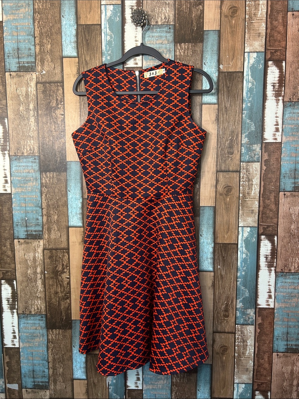 Sleeveless Fit & Flare Dress in Navy and Orange Geometric